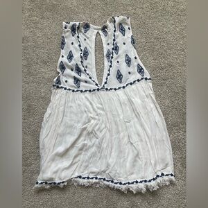 Free People White Top with Navy Diamond Embroidery